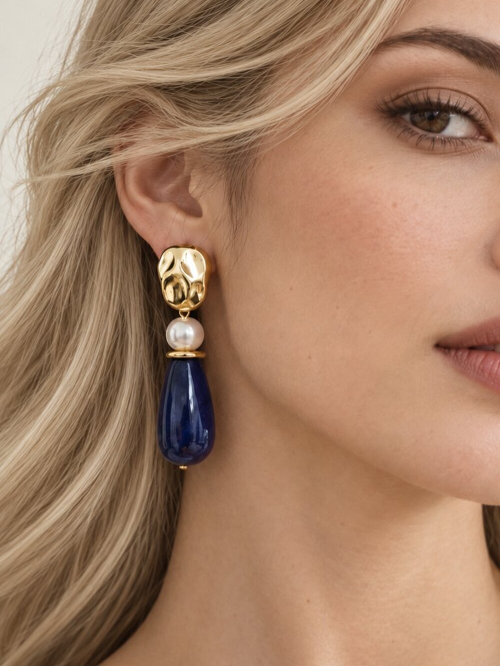 Navy Blue Teardrop Pearl Earrings Gold Tone Statement Dangle Earrings
